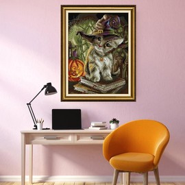 Setoda Counted Cross Stitch Kit DMC Embroidery Thread Figure Pattern,14CT Unprinted Pattern Embroidery Kits (Counted Kits,Cat Magician 14CT 9.8×12.6(inch))