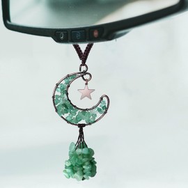 DUQGUHO Green Car Accessories Aventurine Crystal Car Rear View Mirror Hanging Accessories Crystal Car Hanging Ornament Moon Cute Hippie Boho Car Decor Accessories for Women Men
