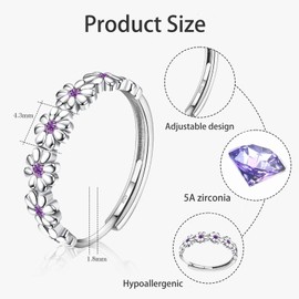 Sterling Silver Daisy Ring,Purple Daisy Rings Sterling Silver Ring for Women, Open Thumb Adjustable Rings for Women Flower Purple Jewellery Gifts for Ladies Girls, Birthday Christmas