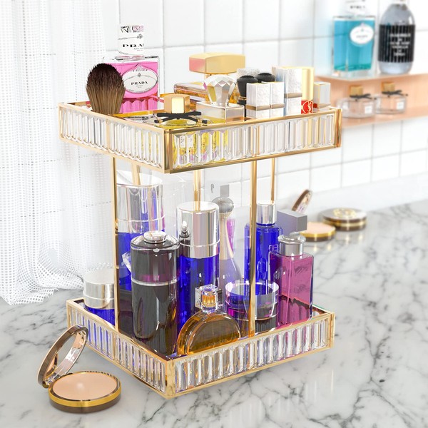 QIUYMEI Makeup Organizer, 360 Degree Rotating Adjustable Cosmetic Storage Display Case with 2 Layers Large Capacity,Gold Antique Countertop Mirror Glass,Fits Makeup Brushes, Lipsticks Jewelry and More