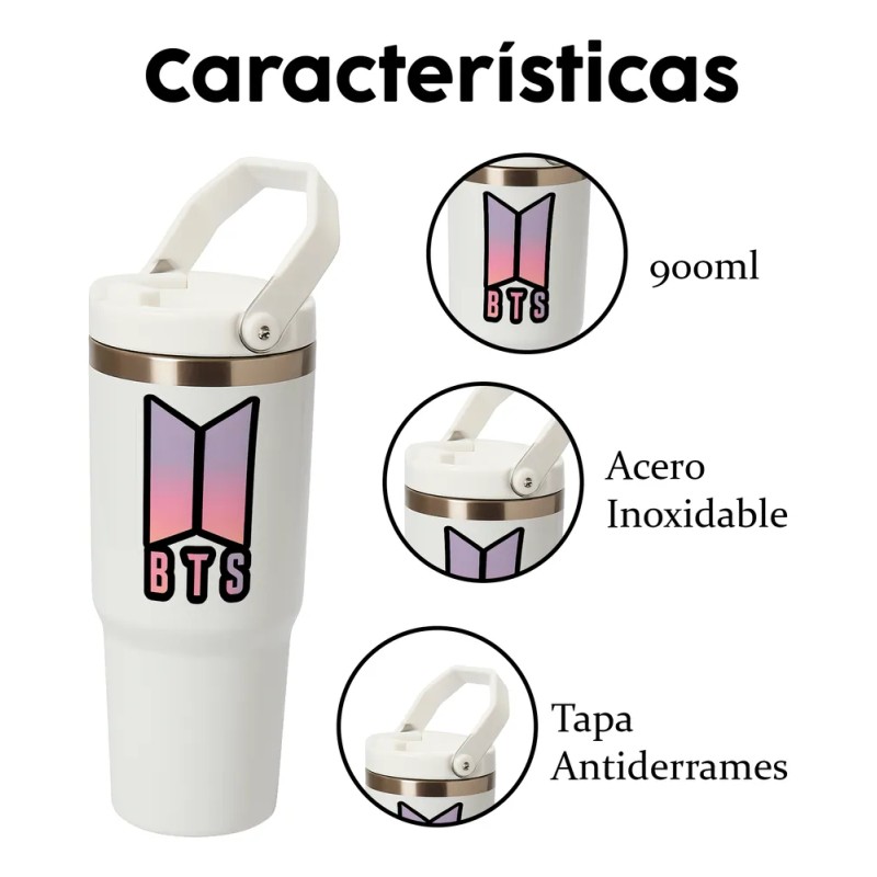 Termo Alto Acero Inoxidable Bts Logo Kpop 900 Ml Blanco