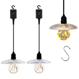 2 Pcs Battery Operated Outdoor Chandelier, Hanging Battery Operated Light, Umbrella Shade No Wiring Required Lantern Bulb Lights, Battery Pendant Light for Gazebo Camping Holiday Decorations