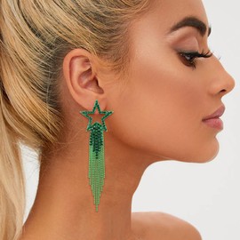 EVER FAITH Star Tassel Earrings for Women, Crystal Long Waterfall Beaded Fringe Holiday Chandelier Dangle Drop Statement Costume Jewelry Green Green-Tone