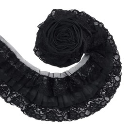 UNICRAFTALE - Cinta de gasa plisada de 4.37 yardas, 3 capas, borde de encaje de organza plisado, 4 pulgadas de ancho, con volantes fruncidos, color negro, ribetes plisados, para costura de tela,