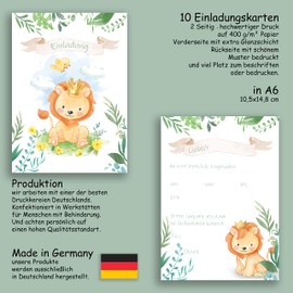 10 x Children's Birthday Party Invitation Cards with Lion Design for Girls and Boys 10 x 15 cm Party Birthday Christening Invitation Prince Jungle Animals Green Beige