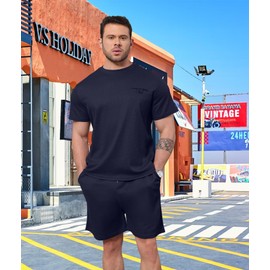 ThusFar Men Waffle Shirt and Shorts Set 2 Piece Outfits Summer Tracksuits Set with Pockets Athletic Casual Outfits Navy Blue 3XL