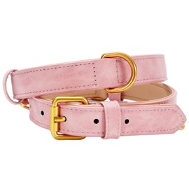 Whaline Leather Dog Collar Cute Soft Padded Leather Dog Collar with Alloy Hardware Waterproof Classic Pet Collar for Small Medium Dogs Daily Walking Cat Puppy Costume Accessories Supply, 13-17", Pink