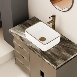 16 Inch Bathroom Vessel Sink - GHOMEG White Bathroom Sink Ceramic with Gold Rim 16x12 inch Above Counter Vanity Top Washing Basin