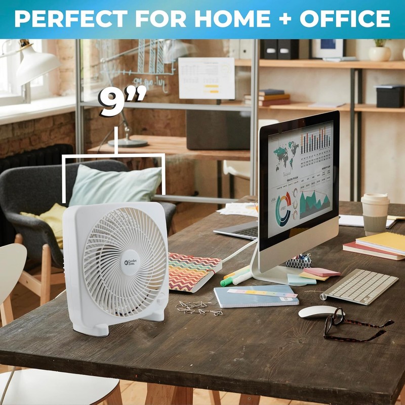 EZ-CHILL 9" Electric Portable 2-Speed, Quiet Box Fan, Ideal for