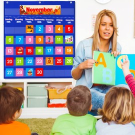 VNOM Blue Calendar Pocket Chart for Classroom,School Pocket Calendar for Kids Learning for Home,Pre-k Homeschool Daycare Classroom Supplies for Teachers…