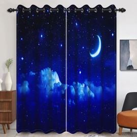 Umpoo Starry Sky Blackout Window Curtains Night Bright Moon Twinkle Stars Dark Blue Window Drapes 2 Panel Set for Kids Room Nursery Playroom Bedroom Window Treatments Fabric, 42x108 Inch