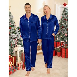 SWOMOG Couples Pajamas Sets Silk Satin Long Sleeve Sleepwear Button Down Loungewear Pjs Set Classic Pajama S-XXL Women and Men Navy Blue Small