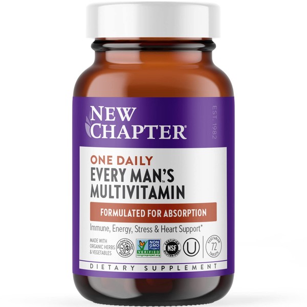 New Chapter Men's Multivitamin for Immune, Stress, Heart + Energy Support with 20 Fermented Nutrients -- Every Man's One Daily, Gentle on The Stomach - 72 ct