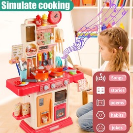 Pretend Play Kitchen Toys for Kids 45PCS with Cooking Stove Steam Play Sink Sound & Light Effects Realistic Kitchen Accessories Interactive Water Pipe Built-in Lights