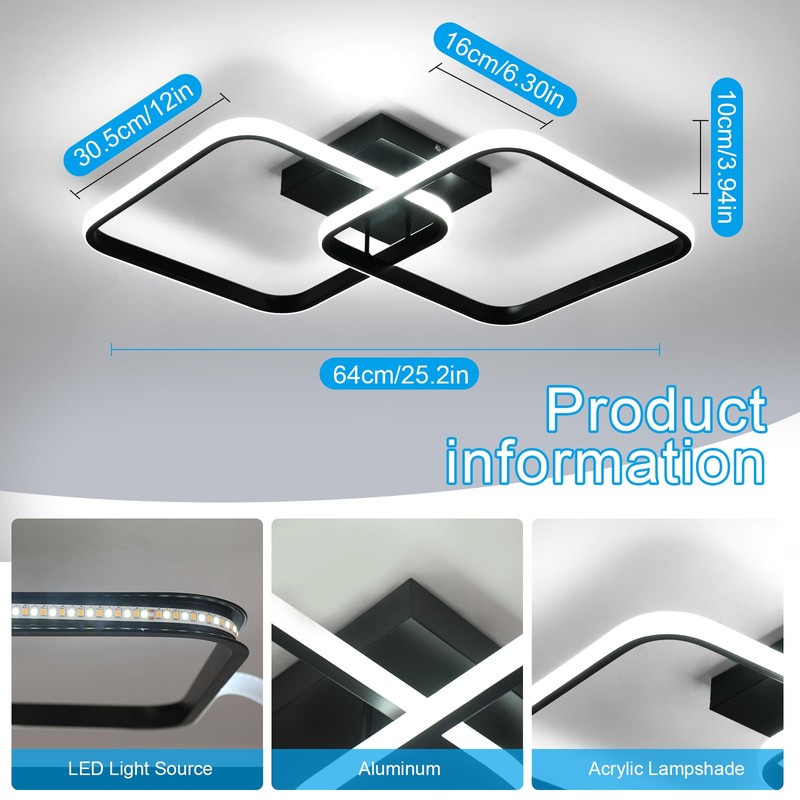 DELIPOP Modern Ceiling Light, 40W Sqaure LED Ceiling 3000k/4500k/6500k 3