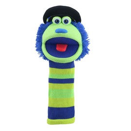 The Puppet Company Bobby ECO Sockette Hand Puppet - Eco-Friendly Policeman Puppet Toy with Squeaky Tongue -Interactive Fun for Kids & Adults - Blue Patchwork Design - 38cm