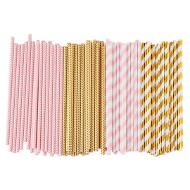 ALINK Biodegradable Paper Straws, 100 Pink Straws/Gold Straws for Party Supplies, Birthday, Wedding, Bridal/Baby Shower, Christmas Decorations and Holiday Celebrations