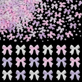 3D Nail Bow Charms and Nail Pearls Set 3, Pink White Lilac Cute Bow Nail Jewelry Charms and 2-6mm White Flatback Half Pearls with Pickup Tools for Nail Art Design and DIY Decorations