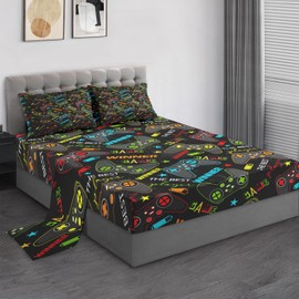 Pamnest Twin Size Bed Sheet Sets, Colorful Gamepad 3 Pcs Bedding Sets for Kids and Adults Bedroom Bed Decor, Gaming Players Flat, Fitted Sheet and 2 Pillowcases