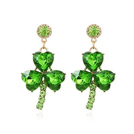St. Patrick's Day Shamrock Earrings Green Clover Crystal Rhinestone Drop Dangle Earrings for Women