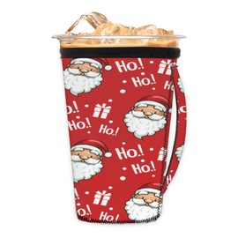 Christmas Santa Claus Reusable Iced Coffee Cup Sleeve With Handle Xmas Red HoHo Neoprene Ice Insulator Coffee Cup Sleeve Drink Holde Compatible Small 18-20z for Coffee Cups Beverages