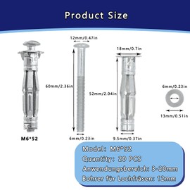 DAIRYCOF Pack of 30 Cavity Dowels, Galvanised Metal, Hollow Wall Dowels, M6 x 52 mm, Expansion Nuts, Hollow Wall Dowels, Thin Fixings for Fixings in Plasterboard (30, M6 x 52 mm)