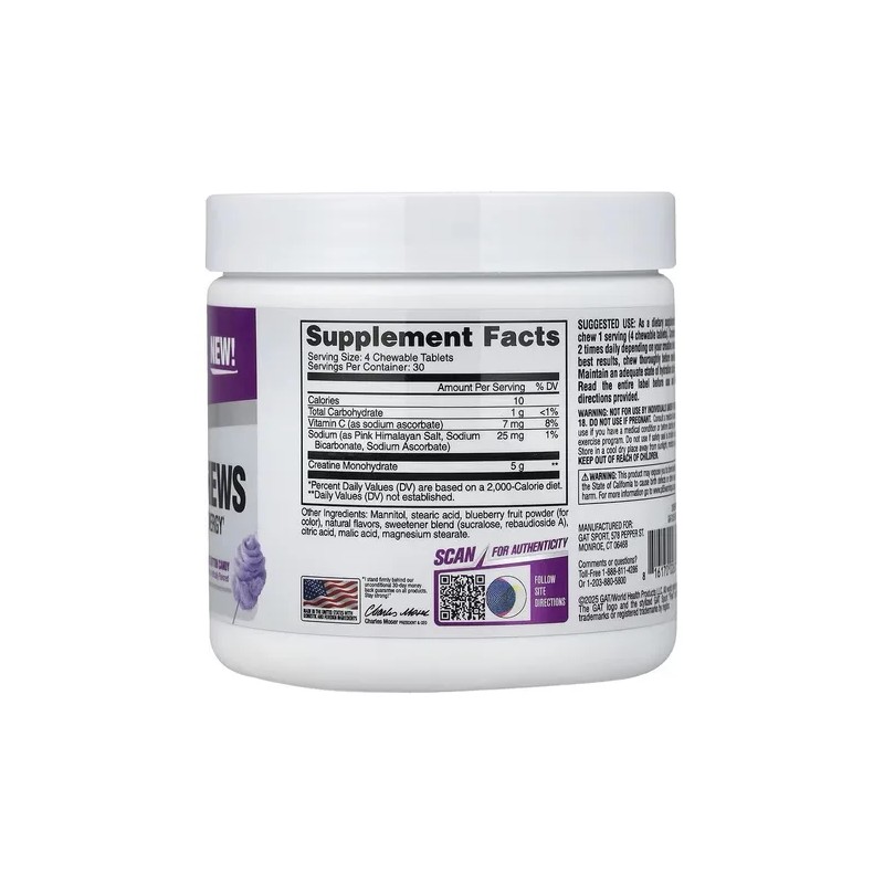 Creatina Gat Sports Masticables de 120 Tabletas, Sabor Algodón de