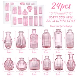 Pink Glass Bud Vases in Bulk 24, Pink Vase Small Glass Vases for Flowers Modern Ribbed Glass Bud Vase for Decor Wedding Flower Vase Bulks Vintage Decor Bridal Shower Centerpieces Home Table Decoration