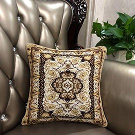 DaDa Bedding Tapestry Ornate Throw Pillow Cover - Set of 2 Elegant Royal Persian Style Rug Floral Golden Opulence - Gold Brown Beige Woven Damask Decorative Design Cushion Cases - 16" x 16" (18119)