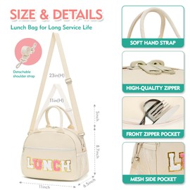 Hairao Lunch Bag For Women, Large Insulated Lunch Bag With Chenille Letter, Preppy Lunch Box For Work, Reusable Lunch Tote Bag With Adjustable Shoulder Straps, Portable Lunch Cooler For Picnic Beige