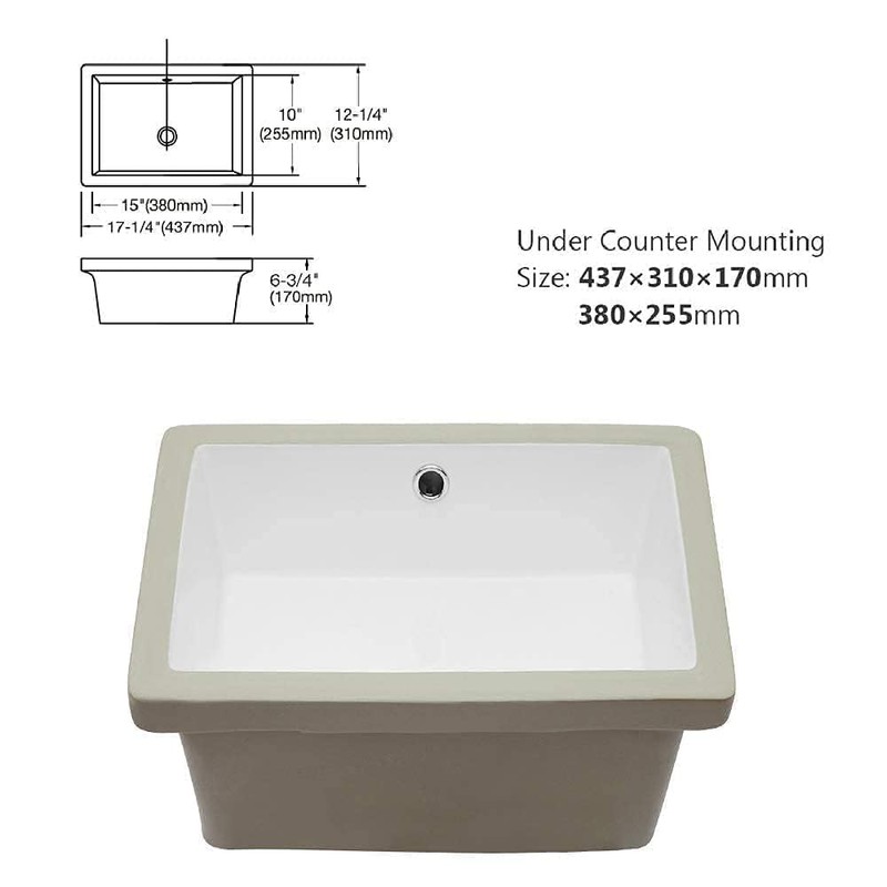 17 Inch Undermount Bathroom Sink - GhomeG 17"x12" White Rectangle