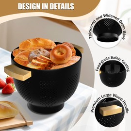 Metal Colander with Wood Handle and Base - Strainers and Colanders- Kitchen Strainer Basket for Draining Pasta, Vegetables, and Fruits, Matte BK04