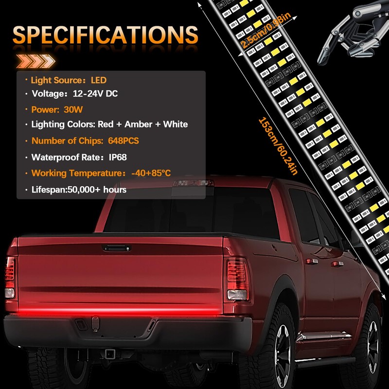 Amexmart 60 Inch Tailgate Light Bar Quad Row LED Tail