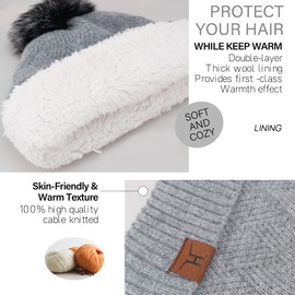 Bequemer Laden Womens Winter Beanie Hats Long Scarf Neck Touchscreen Gloves Set Knitted Pompom Cap with Thermal Fleece Lined, Grey