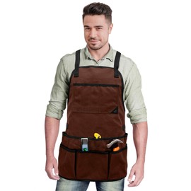 Under NY Sky Tool Apron - 20 Pockets and Slots, Cross-Back, Heavy-Duty Waxed Canvas - Woodwork, Garden, Shop (Brown Cross-Back)