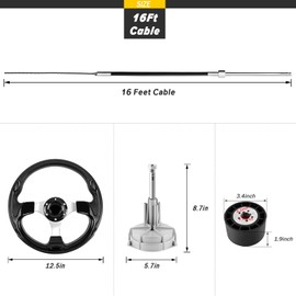 QYMOPAY Boat Steering System, 16ft Cable Outboard Steering Kit 3/4"" Standard Tapered Shaft, Boat Steering Control Cable for Yachts, Fishing Boats and Other Watercraft - with Steering Wheel