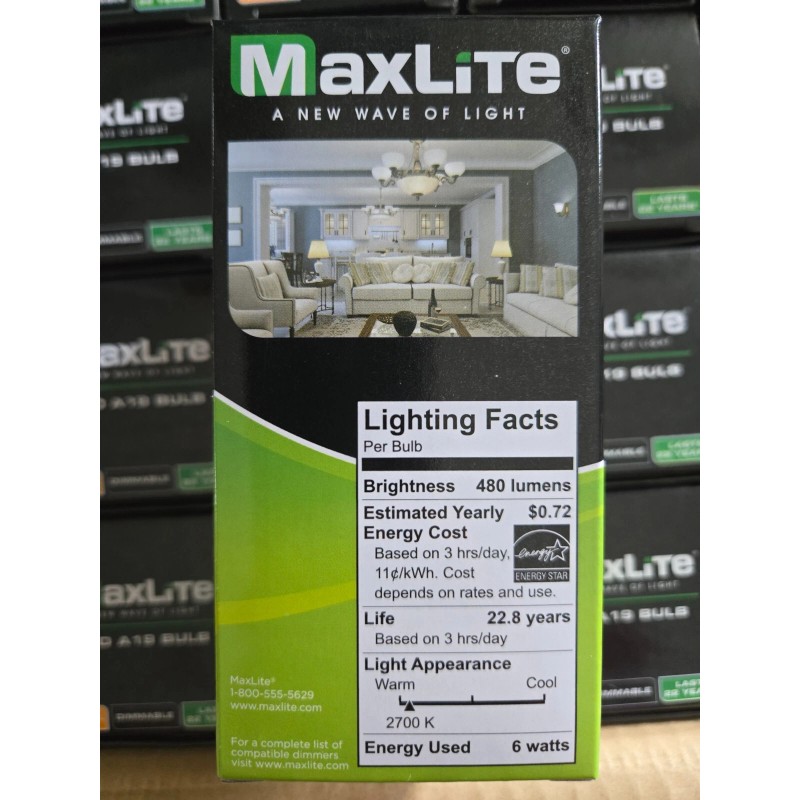 MAXLITE 6A19DLED27/G5 Dimmable LED OMNI A19 Gen 5 6W 2700K-Case