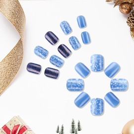 24Pcs Christmas Nails Press on Nails Short Square Fake Nails with Glue White Snow Snowflake Stick on Nails Winter Xmas Blue Glossy False Nails for Women and Girls DIY Manicure Xmas Nail Decoration