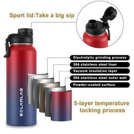 SOLARLAB Stainless Steel Water Bottle - Thermal Flask Insulated Flask Thermos Flask 1 Litre for Hot and Cold Drinks, for Outdoor and Sports (Red + Dark Blue, 1.2 L)