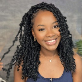 Toyotress Butterfly Locs With Curly Ends - 12 Inch 8 Packs Natural Black Soft Locs Crochet Hair Pre-Looped Butterfly Faux Locs Synthetic Braiding Hair Extensions (12 Inch, 1B-8P)