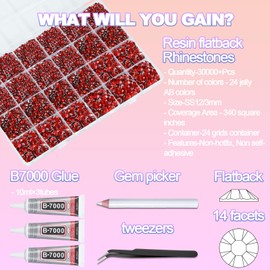30000+Pcs Resin Rhinestones for Bedazzling, Red 2-6mm Bedazzler Flatback Gems Kit with 3Pcs 10ml B7000 Jewelry Glue, for Clothing Crafts Tumblers Shoes Book Nail Art