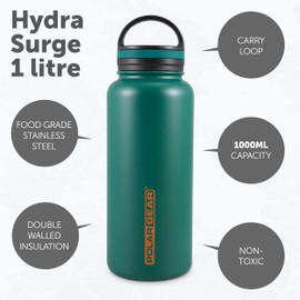 Polar Gear 1 Litre Water Bottle with 2 Lids- Vacuum Insulated, Double Wall, Leakproof Stainless Steel Metal Water Bottle - 12H Hot, 24H Cold Water Bottle 1l for Sports, Gym, Work - Green