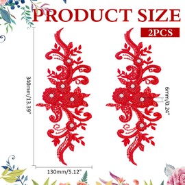 CRAFTYMELODY 2Pcs 3D Beaded Lace Applique Red Flowers Patch Sew on Embroidery with Rhinestone Lace Trim Applique Sewing Craft Decoration for DIY Clothing Wedding Dress Handmade Accessories