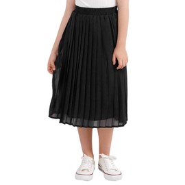 GORLYA Girls Chiffon Pleated Elastic High Waist A-Line Boho Swing Maxi Long Skirt 4-14T (GOR1115, 6Y, Black)