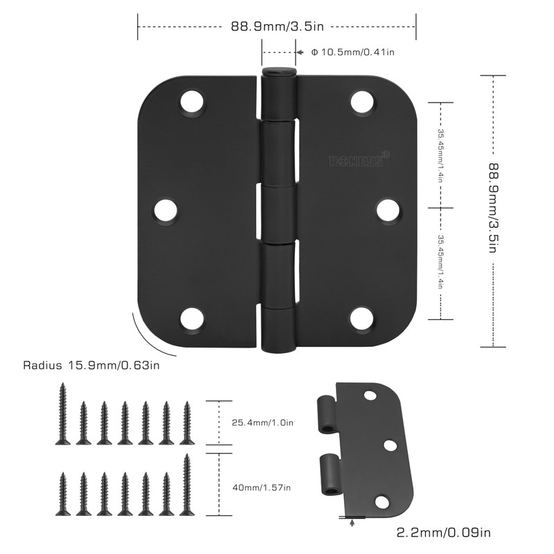 24 Pack Matte Black Door Hinges 3.5 Inch, 5/8" Radius