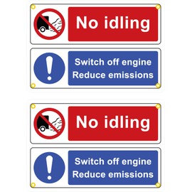 No idling, Switch off engine, Reduce emissions - Pack of 2no. 300mm x 200mm plastic signs with rounded corners & eyelets