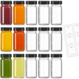 15 Pack 2 oz Glass Shot Mini Bottles  & 15 Labels - Small Clear Jar for Ginger, Juice- Travel Essentials - Wide Mouth, Leakproof, Dishwasher Safe - Color: Black Lids