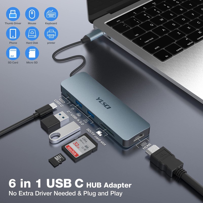YLSCI USB C Adapter, 6 in 1 Hub with HDMI