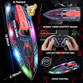 DEERC 13 inch Remote Control Boat for Kids, 2.4Ghz RC Spider Boat with LED Lights for Pools and Lakes, Summer Water Toy Gift for Boys 8-12, 2 Batteries