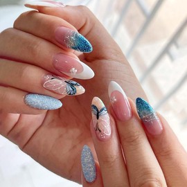 Almond Press on Nails Medium Fake Nails with Designs Butterfly Stick on Nail Blue French Acrylic False Nail Bling Sequins Artificial Nail Full Cover Glue on Nails for Women 24Pcs